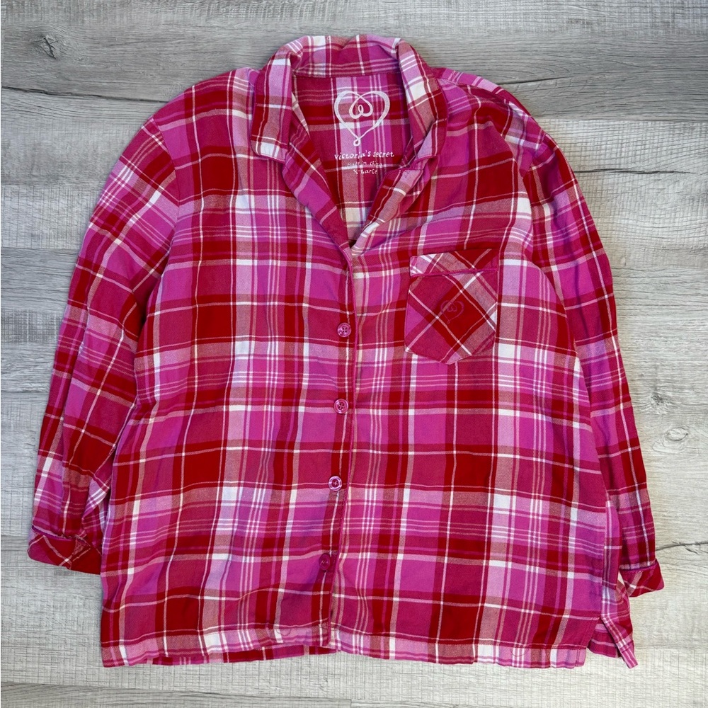 Victoria’s Secret PINK Plaid Pajama‎ Top XL Pink Red Flannel Button Valentine